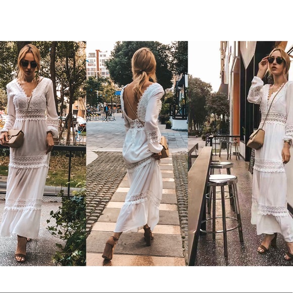 Women’s White V neck Lace Long Dress NWT - Picture 6 of 6